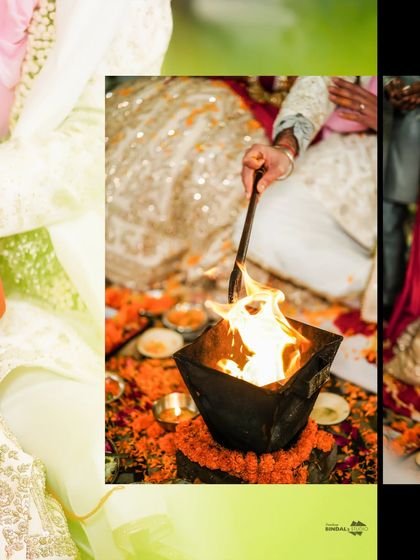 A close-up of the sacred havan (fire) during a Hindu wedding ceremony. The focus on the flame symbolizes the purity and sanctity of the vows being taken.