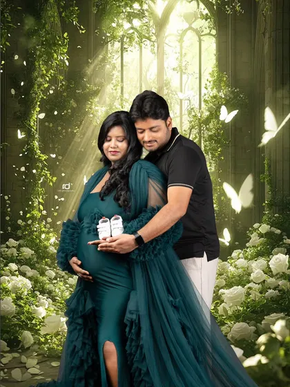 A fairy tale moment for the expecting couple. I added a touch of digital magic to this maternity photo to create an enchanted garden scene, highlighting the magical journey of pregnancy.