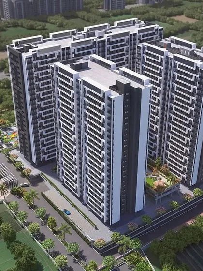 This is an aerial view rendering of our Regency Astra project in Baner, Pune. The master plan shows how we arranged the towers to create open community spaces and a clear circulation path, all within a modern black, grey, and white design palette.