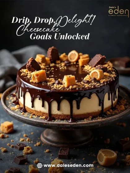 This is what cheesecake goals look like. A classic creamy cheesecake with a crunchy biscuit base, generously topped with a dark chocolate drip, caramel chunks, and cookie crumbles for the ultimate indulgent texture.