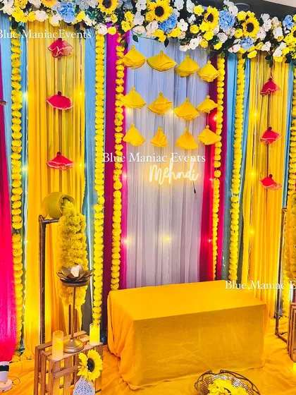 Another angle of the compact Mehendi setup, showing the arrangement of props and lighting that bring the space to life.
