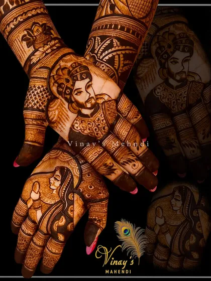 A beautiful portrait mehndi for the bride Bhavika. The design captures the groom on one palm and the bride on the other, creating a connected piece of art that celebrates their union.