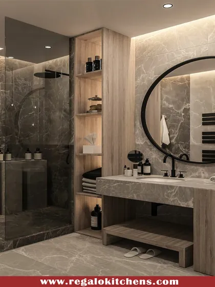 A bold design featuring a dark marble shower and a floating wood vanity. The large, round mirror and open shelving provide a perfect balance of form and function.