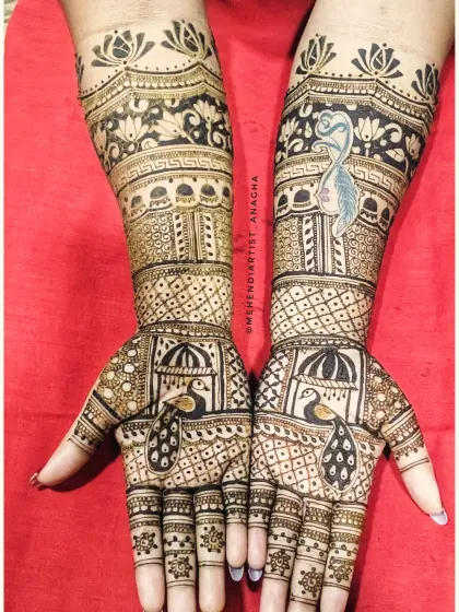 A close-up view of a classic bridal design. This showcases the level of detail I put into my work, with peacock figures, jharokha patterns, and fine latticework covering the hands and arms.