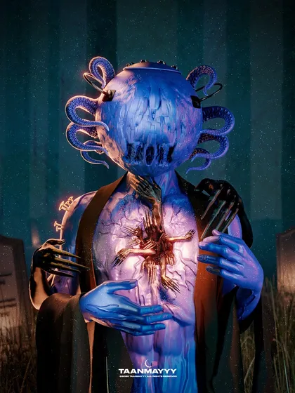 My 'Antichrist' character, designed for an NFT project. This being features a tentacled, axolotl-like head and an exposed chest cavity filled with grasping hands, blending cosmic horror with religious iconography.