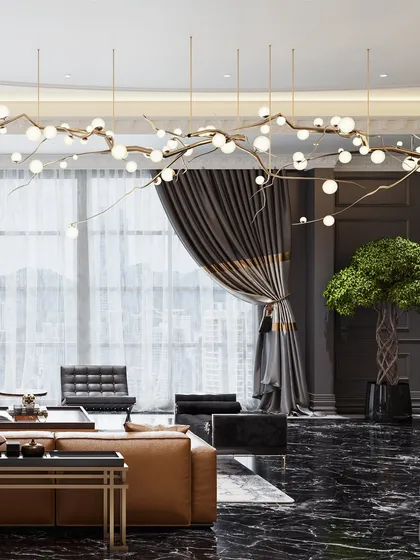 A close-up of the branch-inspired chandelier, rendered to show its sculptural quality and the soft diffusion of light from its many orbs.
