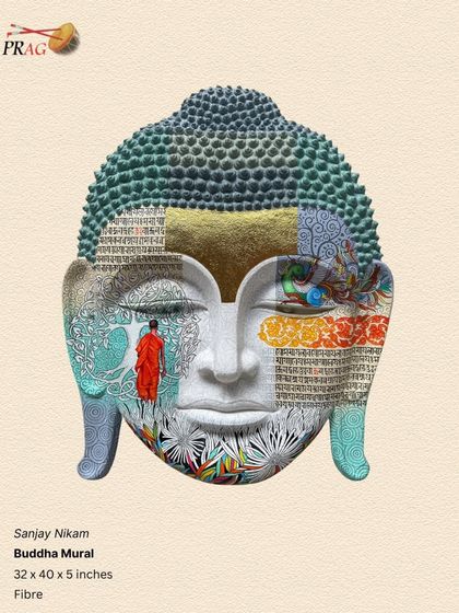A unique fibre mural of Buddha by Sanjay Nikam, where the face is a collage of different patterns, textures, and a solitary monk, representing the many paths to enlightenment.