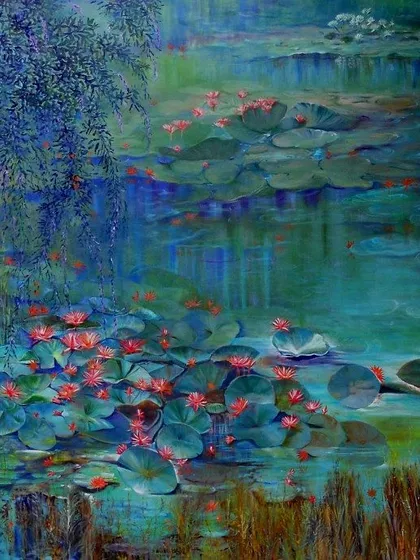This serene lotus pond by Surekha Matt is a piece I often recommend for clients seeking tranquility and beauty in their space. The impressionistic style and layered colors create a sense of depth and calm that can transform a room.