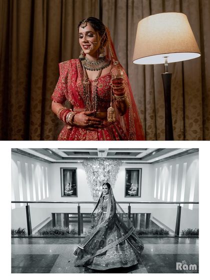 A collage mixing a color portrait with a black and white wide shot of the bride, showcasing her elegance and the beautiful architecture of the venue.