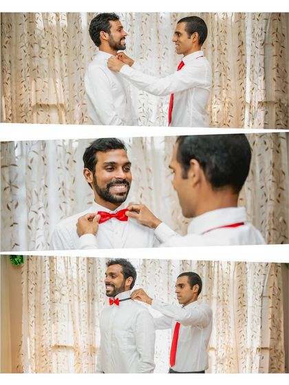 A collage of the groom getting his bow tie adjusted by his groomsman. These black and white shots capture the camaraderie and final preparations.