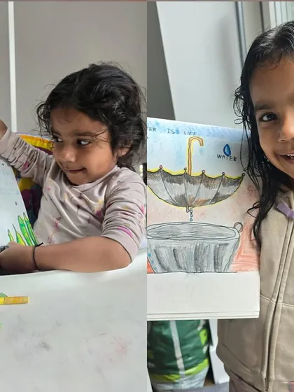 The smiles on these young artists' faces say it all. My classes for the 3-6 age group are all about playful exploration, helping even the littlest hands create art they can be proud of, like this seahorse and rainy day scene.