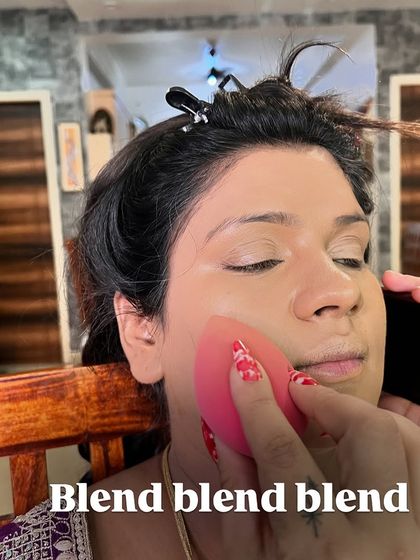 The most important step: blend, blend, blend. I use a damp sponge to press all the products into the skin for a seamless, skin-like finish.