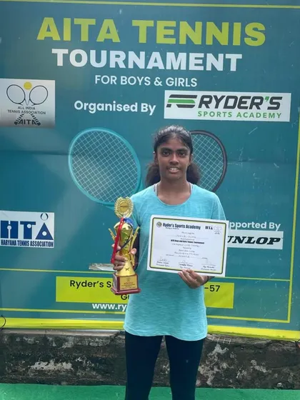 A series of photos celebrating Manvi Gupta's hat-trick of U16 and U18 titles, showcasing her consistent dominance at All India level tournaments.