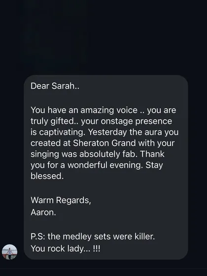 Getting messages like this is why we do what we do. Knowing our music made someone's evening special means the world to us. We put our hearts into every performance.