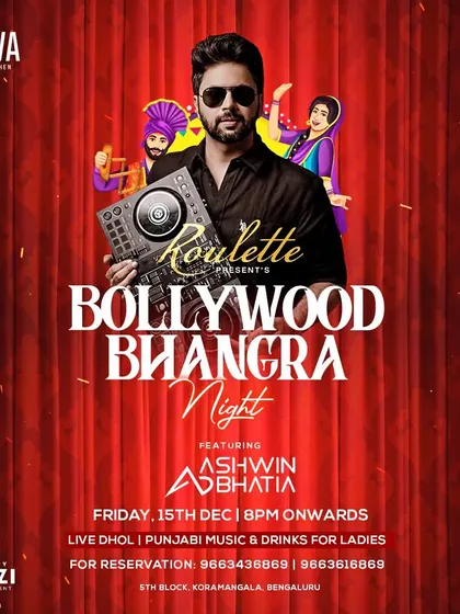 I bring the dhol and the Bhangra beats for a proper Punjabi party. This poster for a Bollywood Bhangra Night shows the kind of themed events I specialize in, full of desi energy and non-stop dancing.