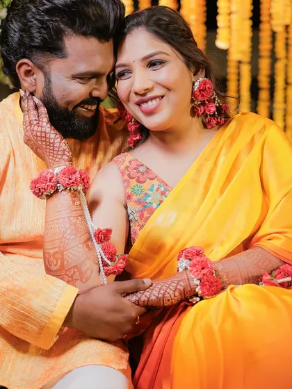 The Haldi ceremony is full of joy and color, and the makeup should reflect that. Here, I created a fresh and radiant look for the bride that was both vibrant and long-lasting, perfect for the happy, candid moments with her partner.