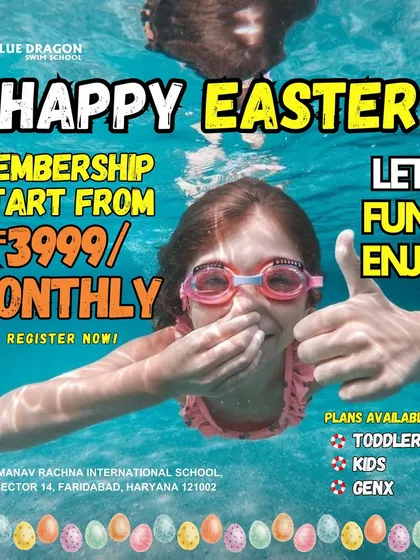 Dive into fun this Easter with our special membership offer. An underwater shot of a young swimmer giving a thumbs up perfectly captures the excitement of our programs for toddlers, kids, and adults.