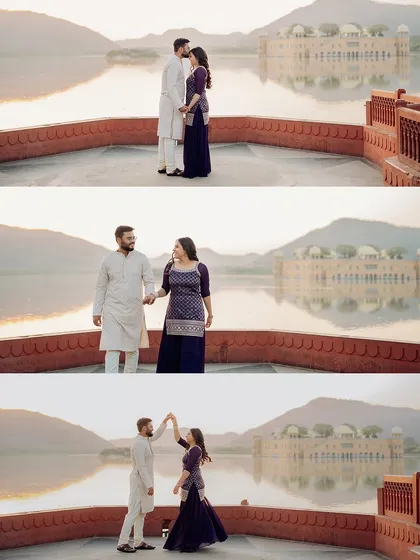 A sequence of poses at Jal Mahal, from a romantic embrace to a playful dance. This shows how we guide couples to create a variety of dynamic and loving shots.