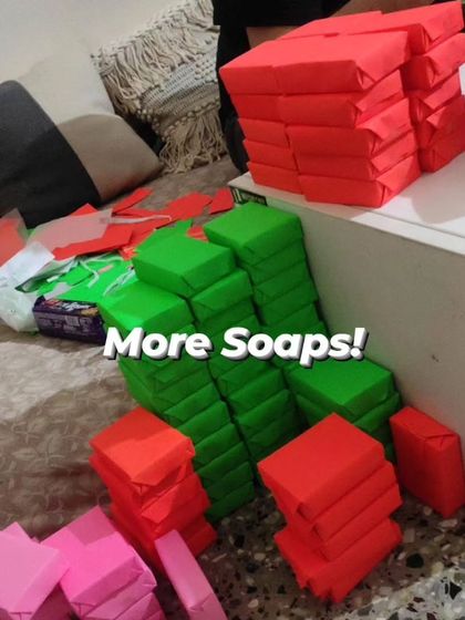 Gearing up for a large bulk order. Handmade soaps are a wonderful gift for any occasion, and I offer them at a special price for bulk purchases of 100 pieces or more, wrapped in colorful, eco-friendly paper.