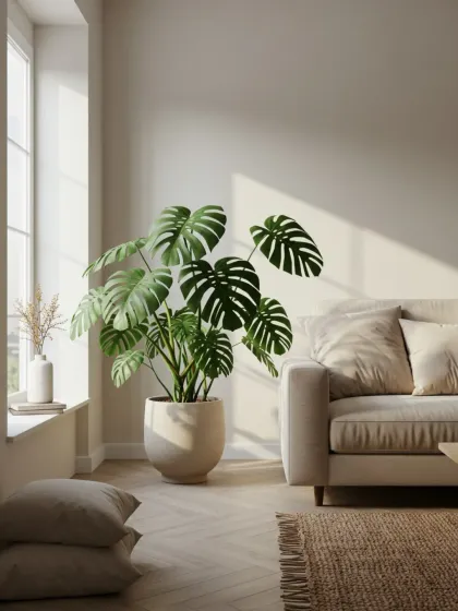 Another perspective of a beautiful Monstera Deliciosa, showcasing how its iconic split leaves create dramatic shadows in a sunlit room. We select each plant for its health and visual appeal.