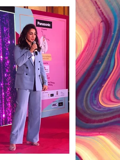 Here is the stunning Maheck Chahal speaking at The Real Woman Awards. I styled her in a sharp, powder-blue Zara pantsuit, creating a powerful and sophisticated silhouette that was perfect for her appearance as a guest at the event.