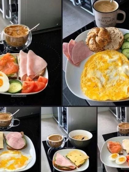 A selection of different breakfast options, from omelettes and sausages to continental choices with cold cuts and cheese.