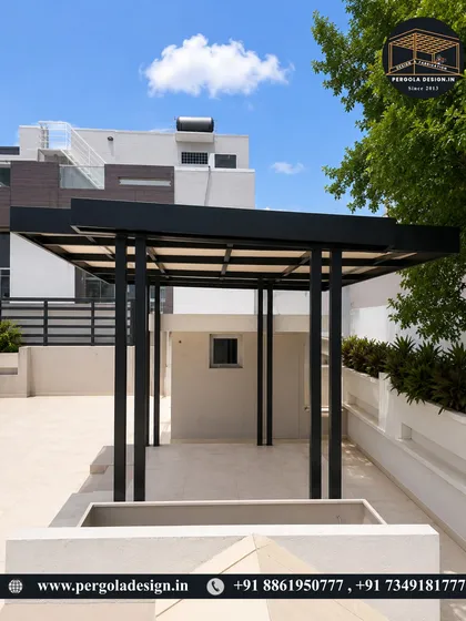 This shot captures the pergola from a distance, showing how it commands the terrace space. The simple, elegant structure is ready to be customized with lighting, seating, and plants to create a personal oasis.