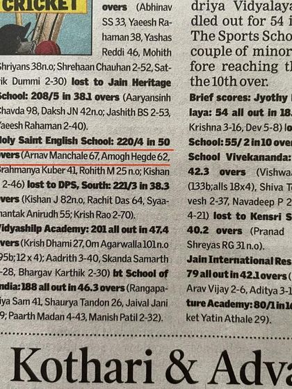 A score of 67 for Holy Saint, as reported in the paper. These consistent scores are the building blocks of a strong cricketing foundation.