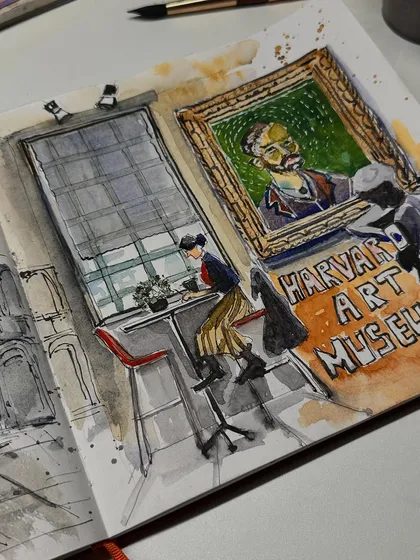 A detail from my Harvard Art Museums spread, showing a person sketching by a window next to a framed painting. A sketch within a sketch!