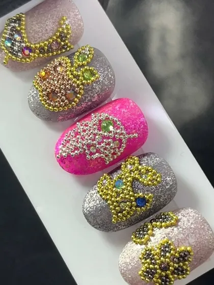 Another view of the crystal bead nail art, showcasing the detailed craftsmanship and sparkling effect.