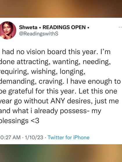 A screenshot of my tweet sharing an important realization. "I had no vision board this year. I'm done attracting, wanting, needing... Let this one year go without ANY desires, just me and what I already possess."