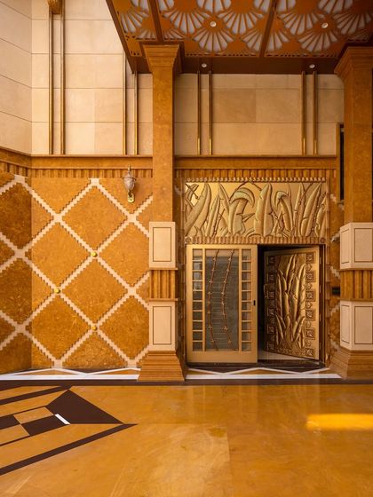 The entrance of Stone Print Villa, where two types of Indian stone, Jaisalmer and Dholpur, are used to create a rich textural experience. The stone was repurposed by mixing chips with resin for ornamentation.