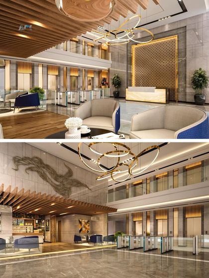 This collage shows the design for ONE WORLD, a new commercial project in Malad. The project features a high-tech design with a grand, double-height lobby, a modern coffee shop, and a fully automated car parking tower.