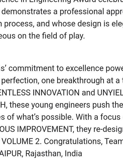 The official citation for Team Kaizen's Engineering Excellence Award, highlighting their professional design process and relentless innovation.
