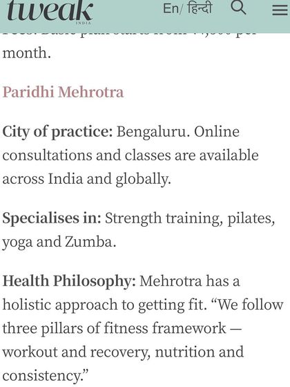 The Tweak India article details my holistic health philosophy, which is built on the three pillars of workout, nutrition, and consistency.