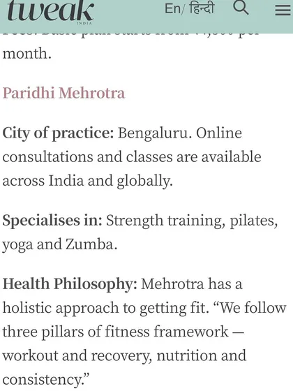 This section of the Tweak India article outlines my health philosophy. It emphasizes our three pillars of fitness: workout and recovery, nutrition, and consistency, which form the holistic framework of our coaching.