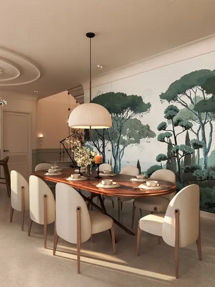 This dining room concept for a penthouse features a stunning nature-inspired mural as a backdrop. The elegant oval table and modern chairs create a sophisticated space for formal dining, blending art with function.
