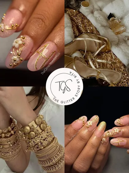 A collage showing the final nail set alongside the inspiration, including the bride's jewelry. This demonstrates how I translate personal elements into wearable nail art.
