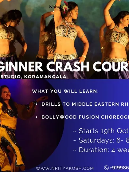 Perfect for anyone starting their dance journey. This graphic details our four week beginner crash course in Koramangala, where you will learn foundational drills set to Middle Eastern rhythms and a fun Bollywood fusion routine.
