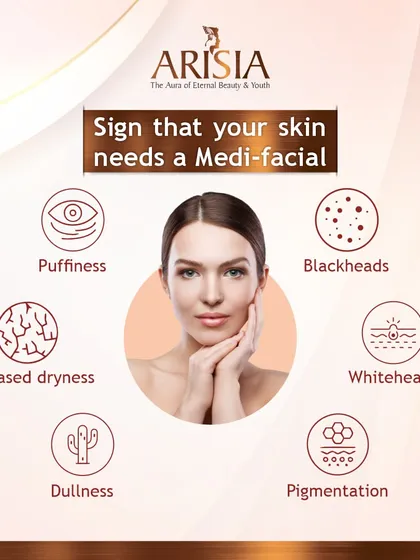 Your skin often tells you what it needs. This infographic highlights common signs that indicate you could benefit from a professional medi-facial. Look out for issues like puffiness, blackheads, increased dryness, dullness, whiteheads, and pigmentation.