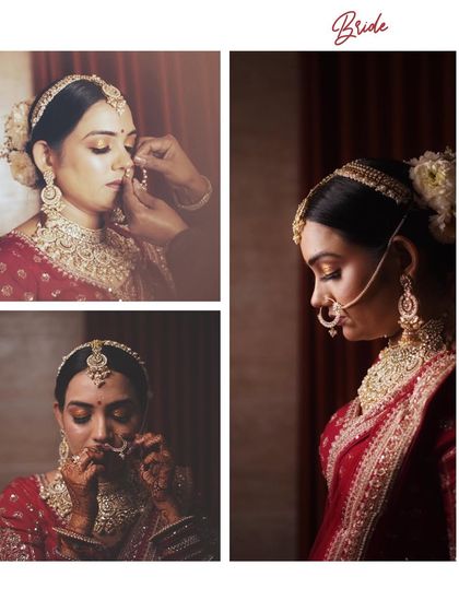 A beautiful collage showcasing the bride's getting-ready process, from putting on her nath to her final elegant portrait. This tells the story of her transformation.