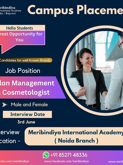 We are hosting a campus placement drive at our Noida branch for Salon Management and Cosmetologist positions. This is a direct path to getting hired by leading brands in the industry.
