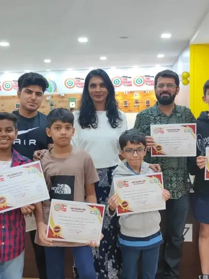 Nothing makes us happier than seeing a new batch of shooters complete their basic course. Here, our students proudly hold their certificates after finishing their 10m air rifle training, joined by celebrated lyricist Mr. Sameer Anjaan.