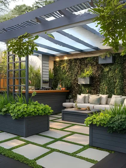 Your private retreat in the sky. We designed this terrace with a dense green wall, modern pergola, and comfortable seating to create a perfect outdoor living room for relaxation and entertainment.