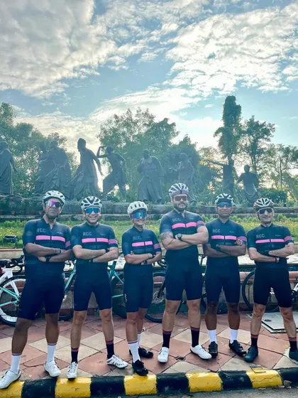 The team in matching kits for a birthday celebration ride.