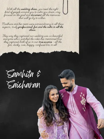In the middle of wedding chaos, being the "calm" is our goal. Samhita and Saicharan's review highlights our ability to capture their true essence, and we are so grateful for their trust.