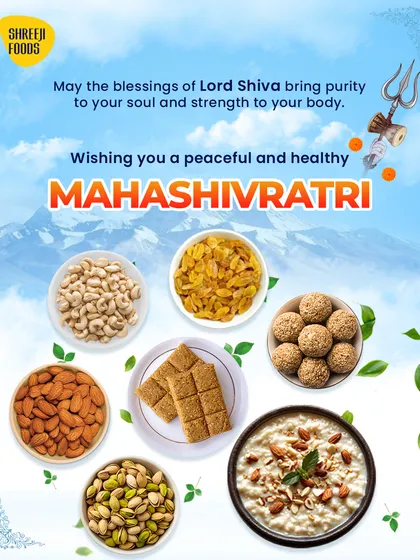 On Mahashivratri, many people fast and eat specific foods. This poster displays the items I offer for the occasion, including various dry fruits like cashews and almonds, Til Barfi, Laddoos, and Kheer.