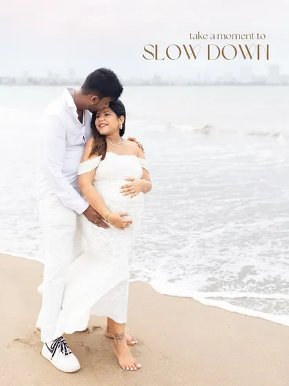 I love using Mumbai's beautiful landscapes for maternity shoots. A walk on the beach, even on a cloudy day, creates such a serene and romantic backdrop to celebrate your pregnancy.