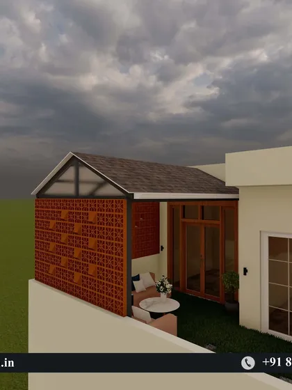 A side-view render illustrating how the jali brick wall provides privacy for a cozy seating nook on the terrace. Our design process ensures every element is planned for both aesthetic appeal and practical use.