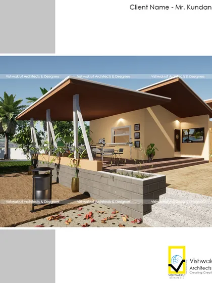 A render of the covered outdoor dining area at Gharat Farm Stay. This space was designed to offer an alfresco experience while providing shelter, allowing guests to enjoy meals with a view of the property.